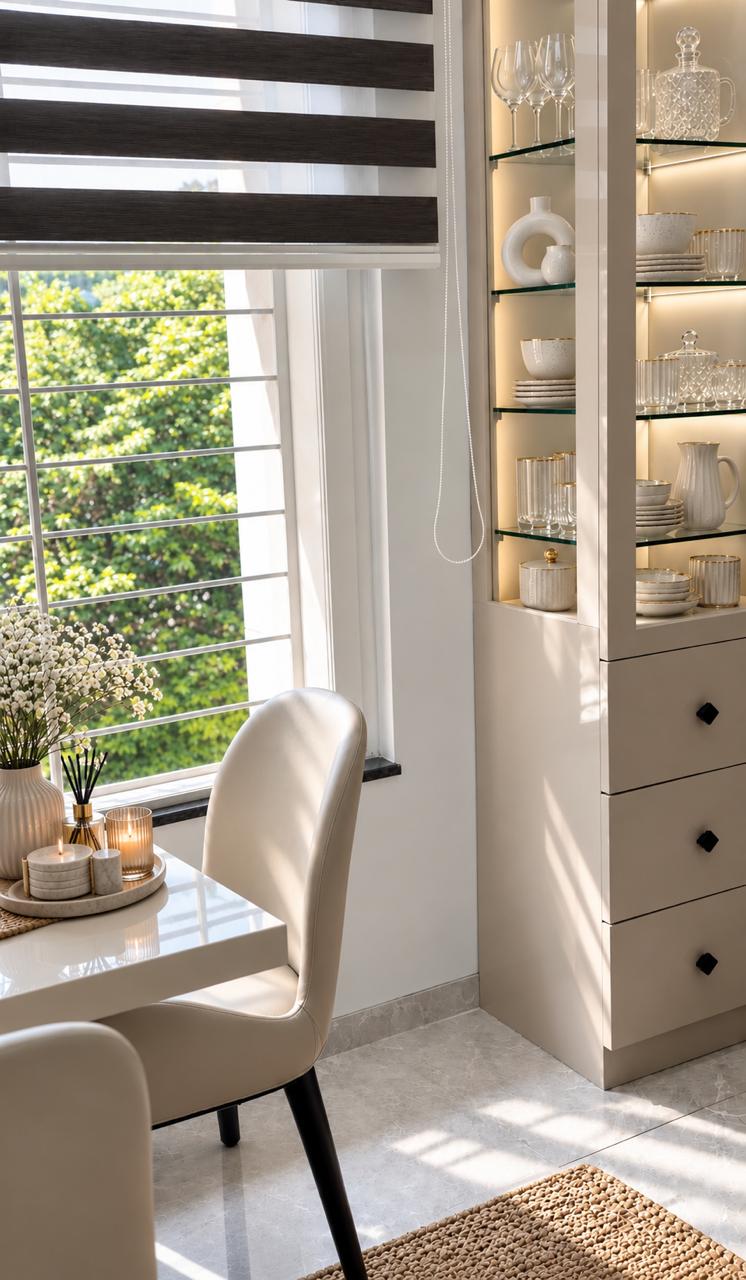 Dining space featuring a bespoke glass display cabinet